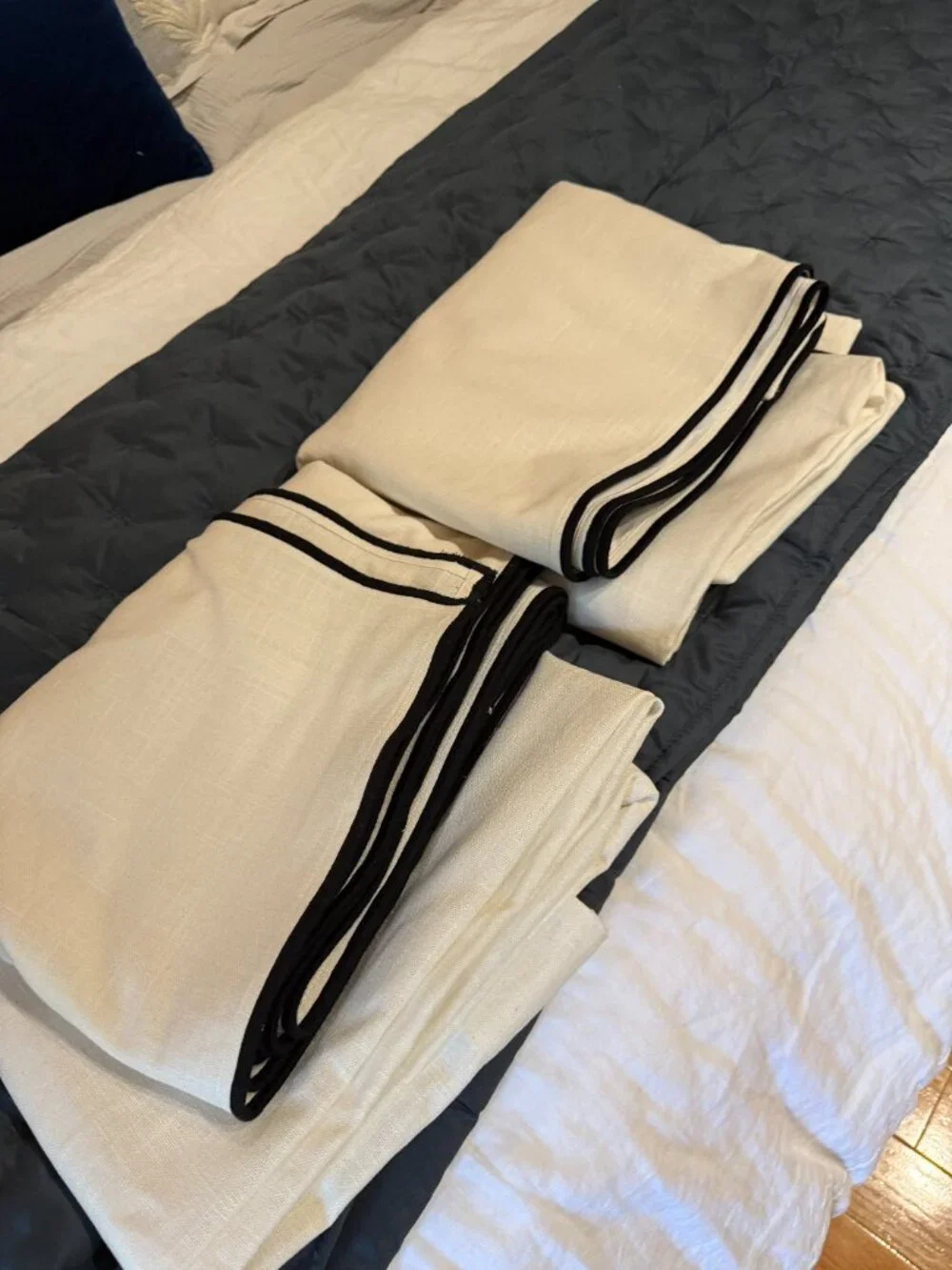 NWOT Piped Edge Cotton Cream and Black Curtain Panel - TWO PANELS 48